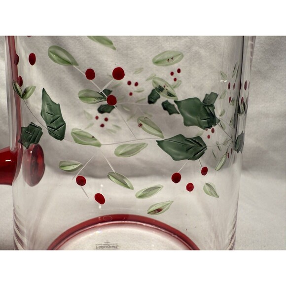 Pfaltzgraff Winterberry Pitcher red & clear etched glass holly holiday 8.75” - Picture 3 of 16